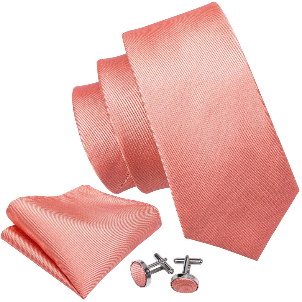 Designer Mens Tie Jacquard Necktie Pocket Square Cufflinks Set Coral Pink Solid for Male Men Wedding Busniess Party Ties Gift - Luzilly Bridal & Apparel