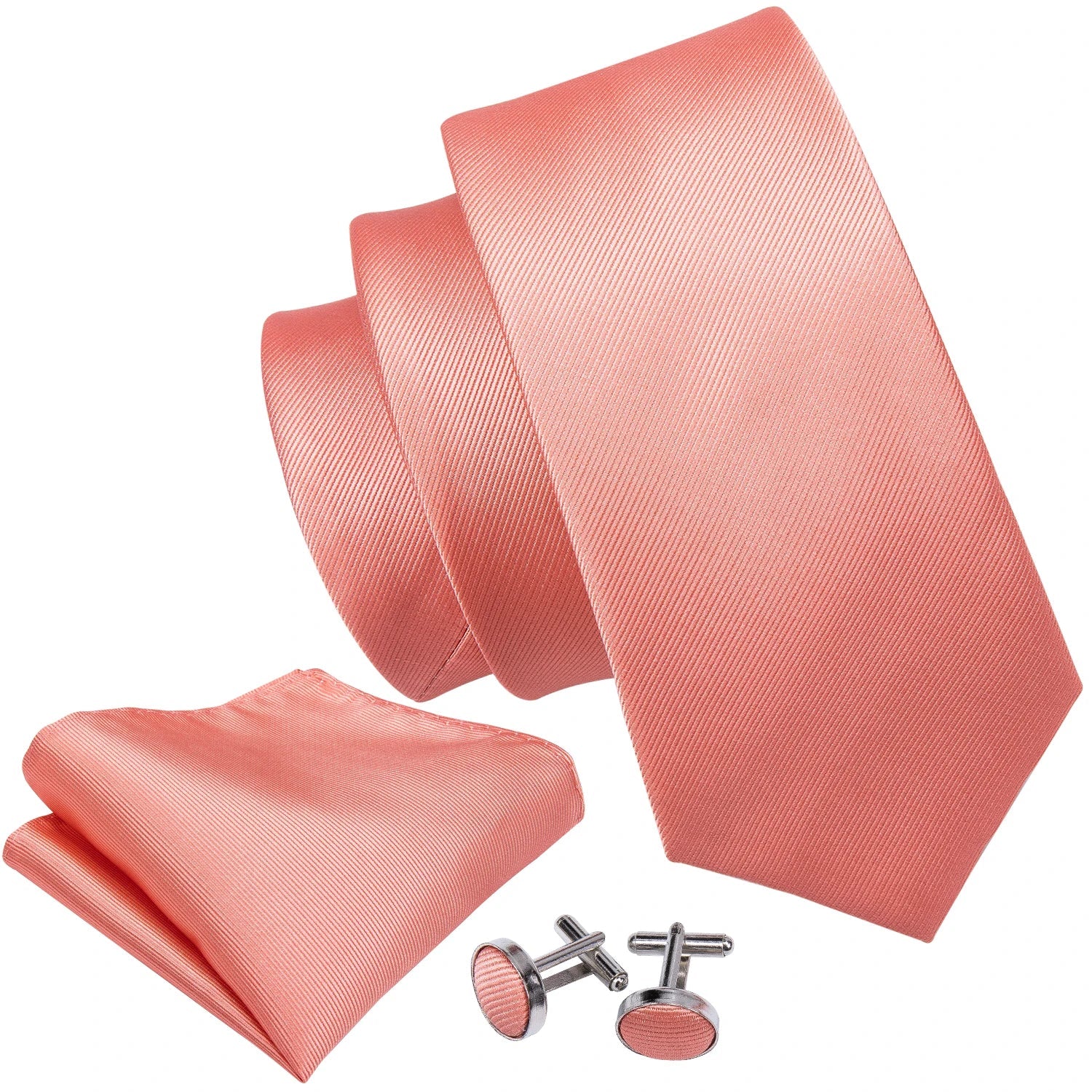 Designer Mens Tie Jacquard Necktie Pocket Square Cufflinks Set Coral Pink Solid for Male Men Wedding Busniess Party Ties Gift - Luzilly Bridal & Apparel