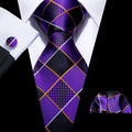 Designer Mens Tie Jacquard Necktie Pocket Square Cufflinks Set Purple Black Plaid for Male Men Wedding Busniess Party Ties Gift - Luzilly Bridal & Apparel