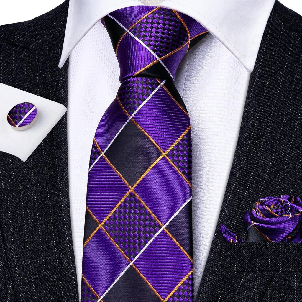 Designer Mens Tie Jacquard Necktie Pocket Square Cufflinks Set Purple Black Plaid for Male Men Wedding Busniess Party Ties Gift - Luzilly Bridal & Apparel