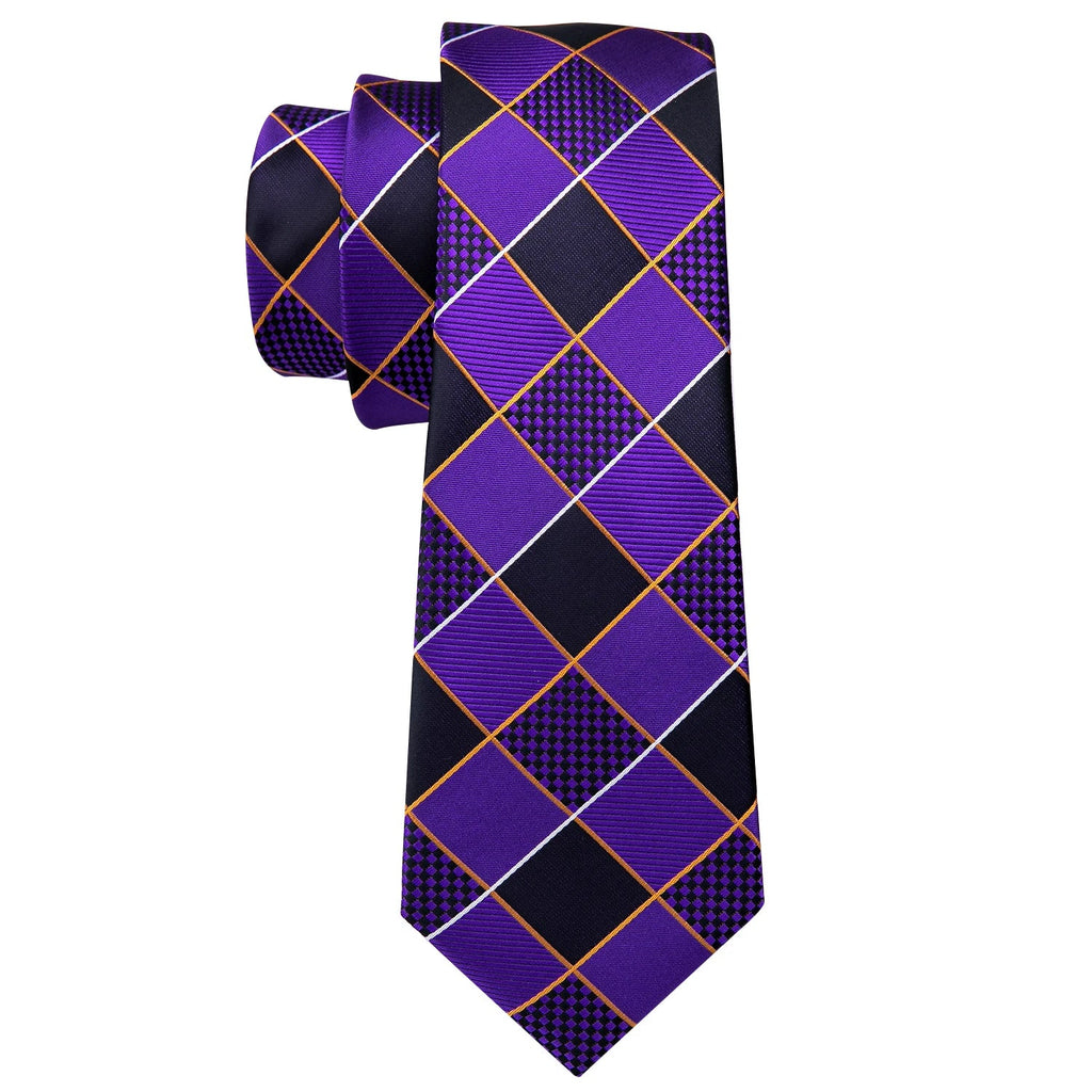Designer Mens Tie Jacquard Necktie Pocket Square Cufflinks Set Purple Black Plaid for Male Men Wedding Busniess Party Ties Gift - Luzilly Bridal & Apparel