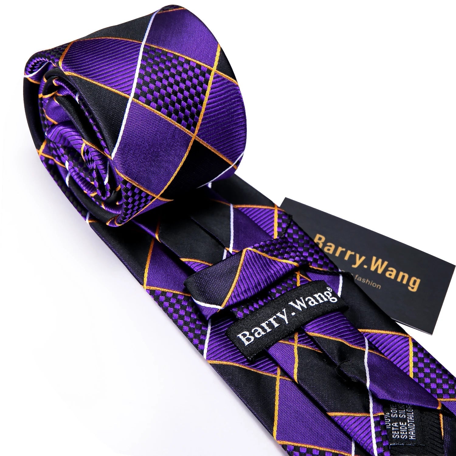 Designer Mens Tie Jacquard Necktie Pocket Square Cufflinks Set Purple Black Plaid for Male Men Wedding Busniess Party Ties Gift - Luzilly Bridal & Apparel