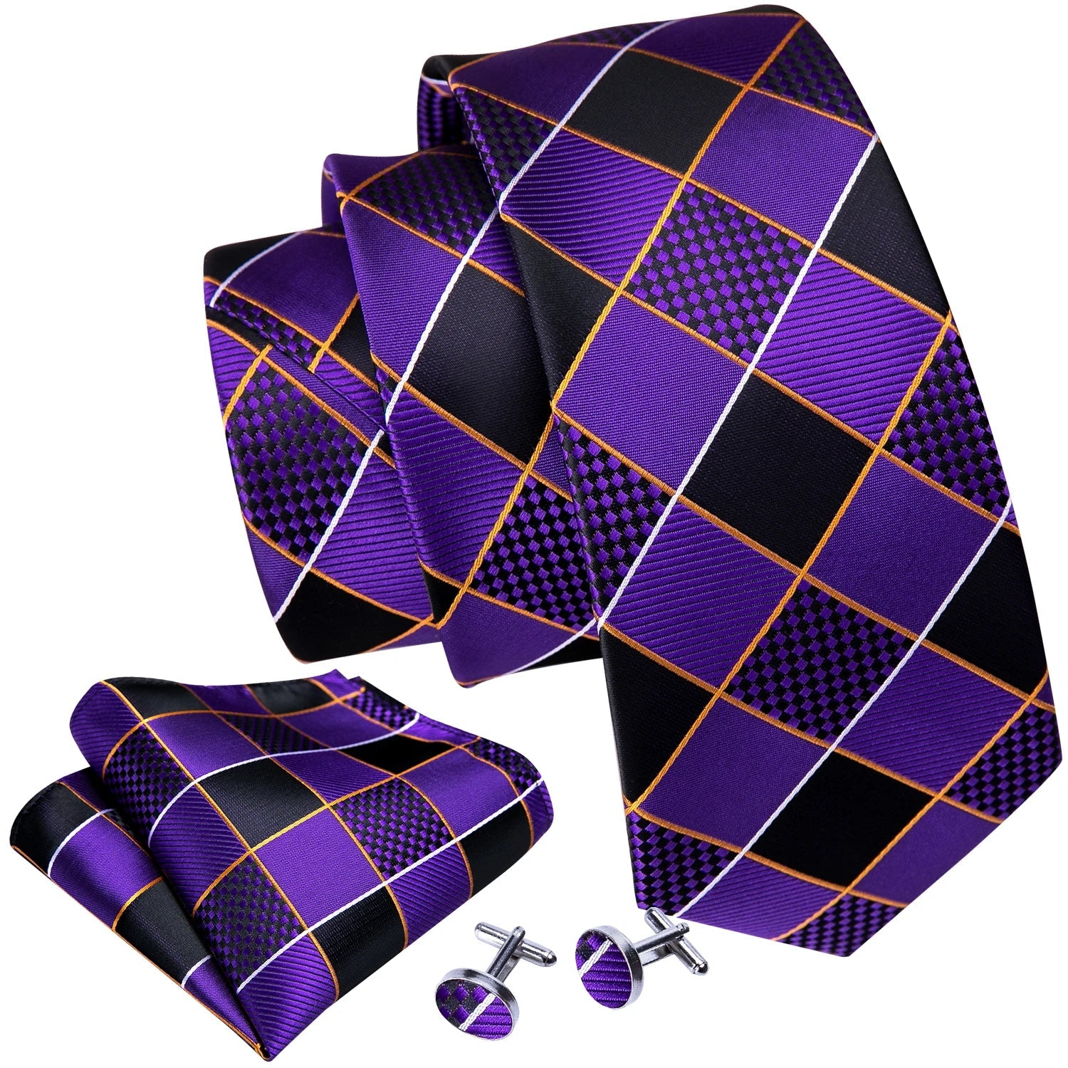 Designer Mens Tie Jacquard Necktie Pocket Square Cufflinks Set Purple Black Plaid for Male Men Wedding Busniess Party Ties Gift - Luzilly Bridal & Apparel