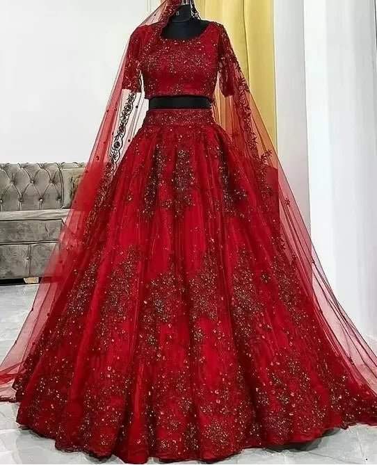 designer sarees kolkata Red India Wedding Dress Two Pieces Short Sleeves Scoop Appliques customsized Bridal Party Gowns shyamal - Luzilly Bridal & Apparel