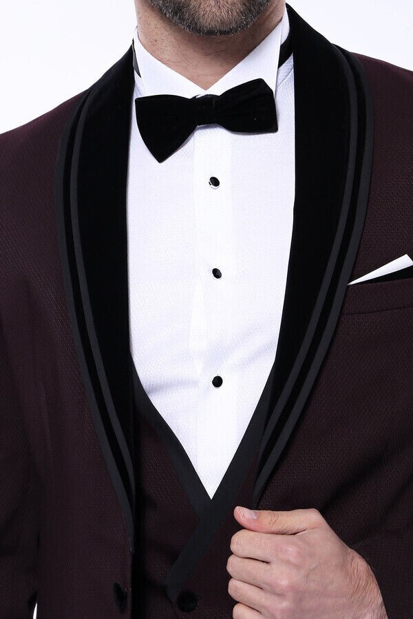 Detachable Velvet Lapel Burgundy Tuxedo - Wessi - Luzilly Bridal & Apparel