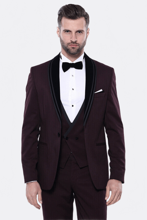 Detachable Velvet Lapel Burgundy Tuxedo - Wessi - Luzilly Bridal & Apparel