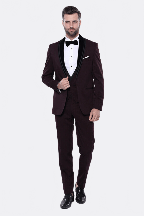Detachable Velvet Lapel Burgundy Tuxedo - Wessi - Luzilly Bridal & Apparel