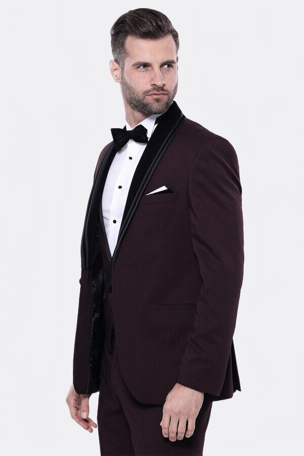 Detachable Velvet Lapel Burgundy Tuxedo - Wessi - Luzilly Bridal & Apparel