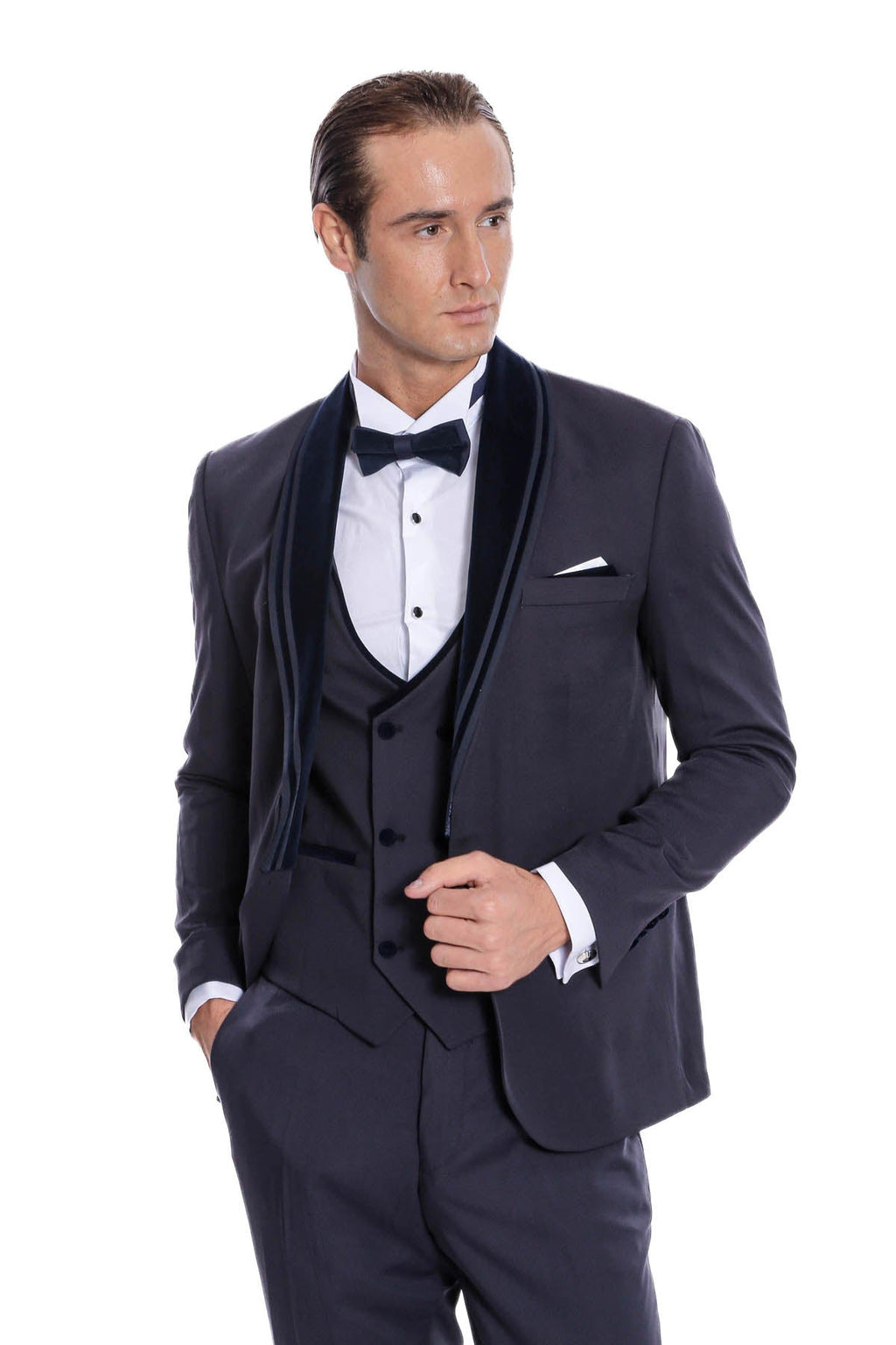 Detachable Velvet Lapel Navy Blue Tuxedo - Wessi - Luzilly Bridal & Apparel