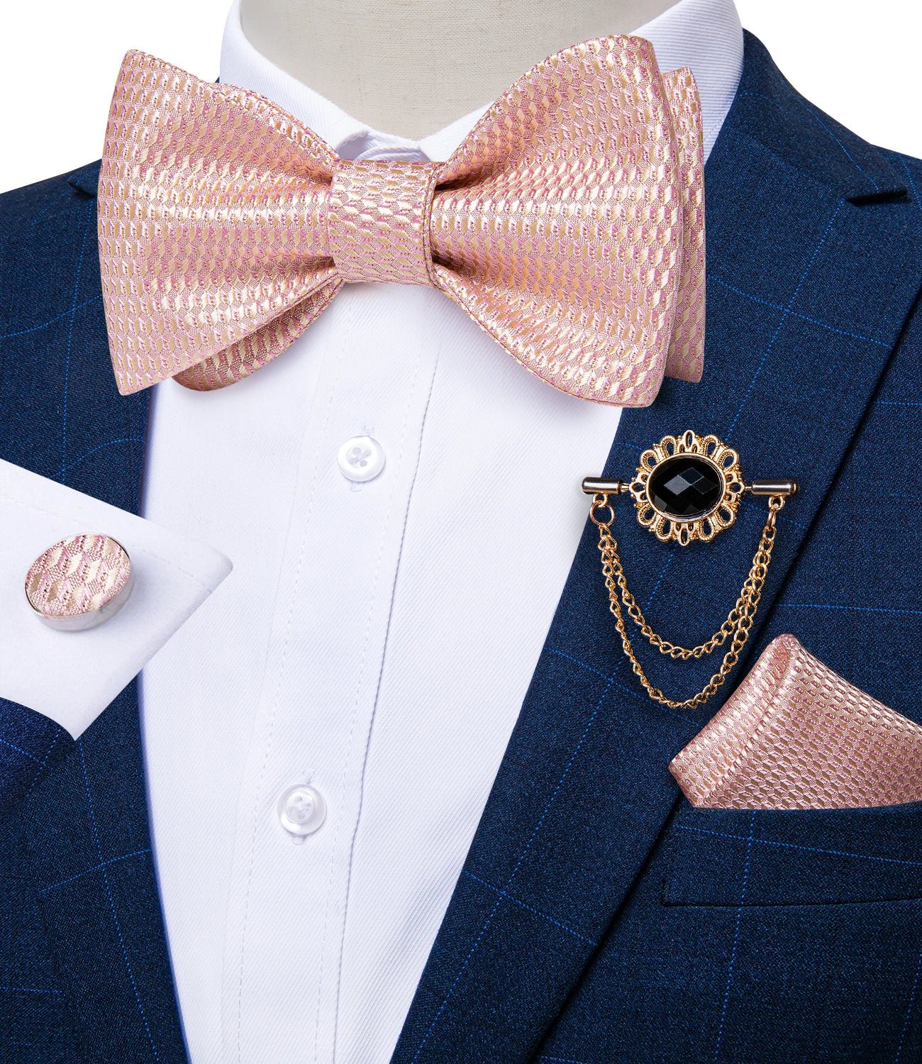 Dibangu Men's Pink Solid Self Tie Bow Tie Pocket Square Cufflinks Brooch Set for Wedding Groom Marriage Business Party Bowties - Luzilly Bridal & Apparel