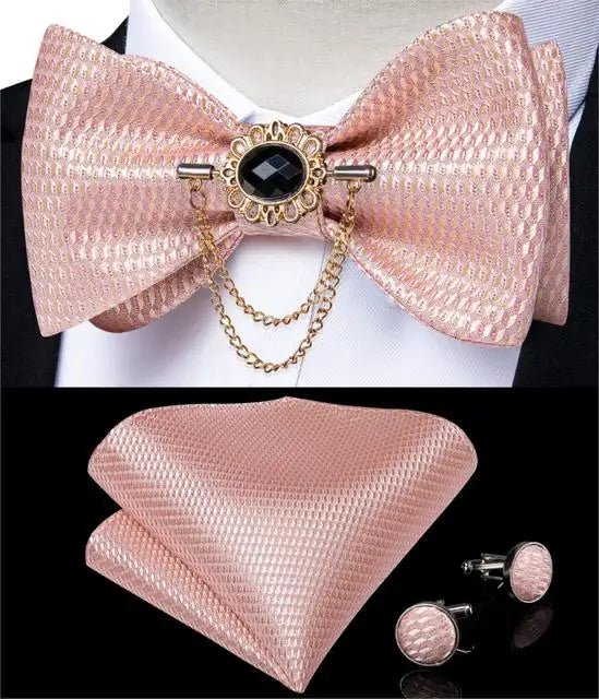 Dibangu Men's Pink Solid Self Tie Bow Tie Pocket Square Cufflinks Brooch Set for Wedding Groom Marriage Business Party Bowties - Luzilly Bridal & Apparel