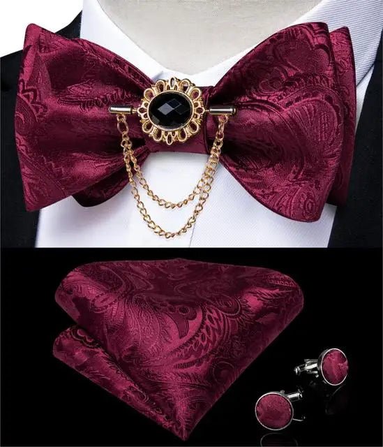 Dibangu Men's Pink Solid Self Tie Bow Tie Pocket Square Cufflinks Brooch Set for Wedding Groom Marriage Business Party Bowties - Luzilly Bridal & Apparel