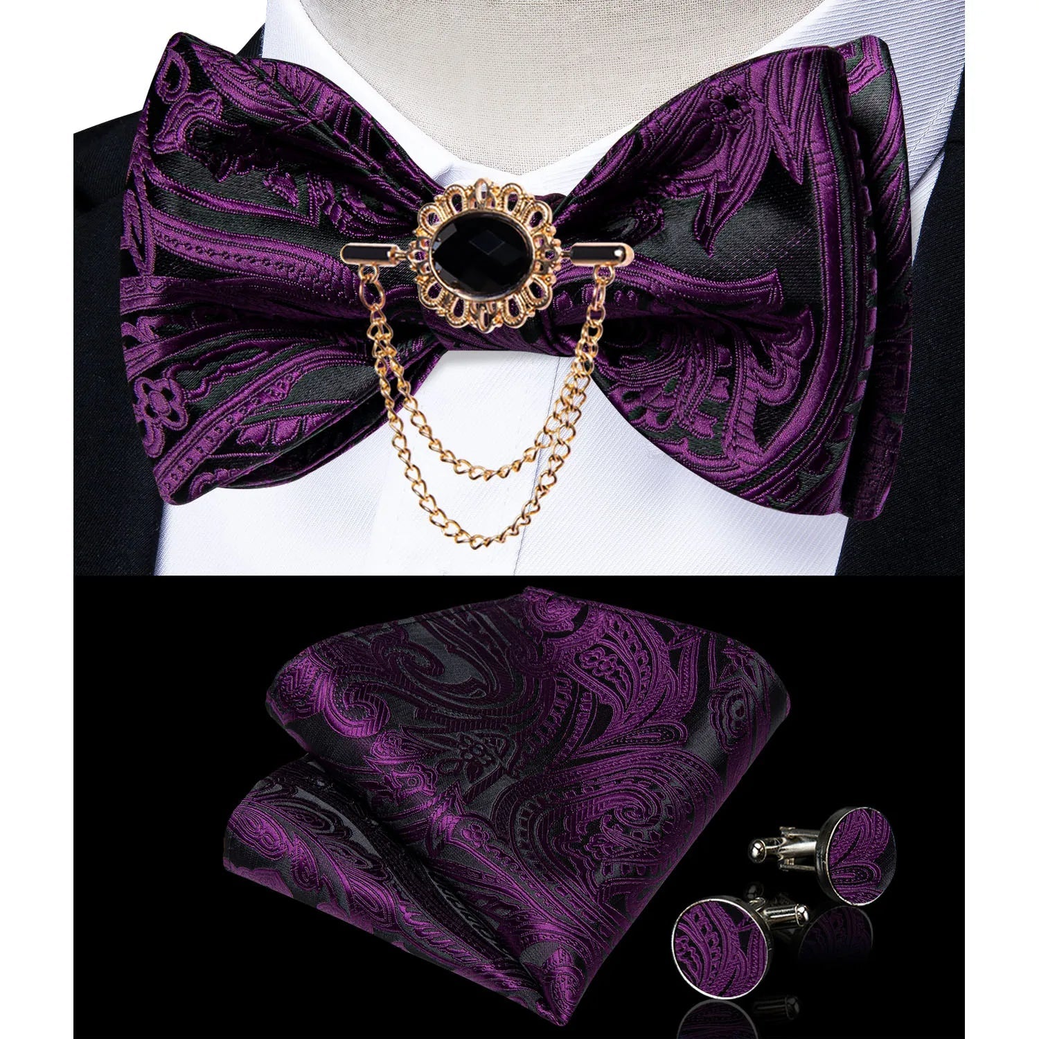 Dibangu Men's Pink Solid Self Tie Bow Tie Pocket Square Cufflinks Brooch Set for Wedding Groom Marriage Business Party Bowties - Luzilly Bridal & Apparel