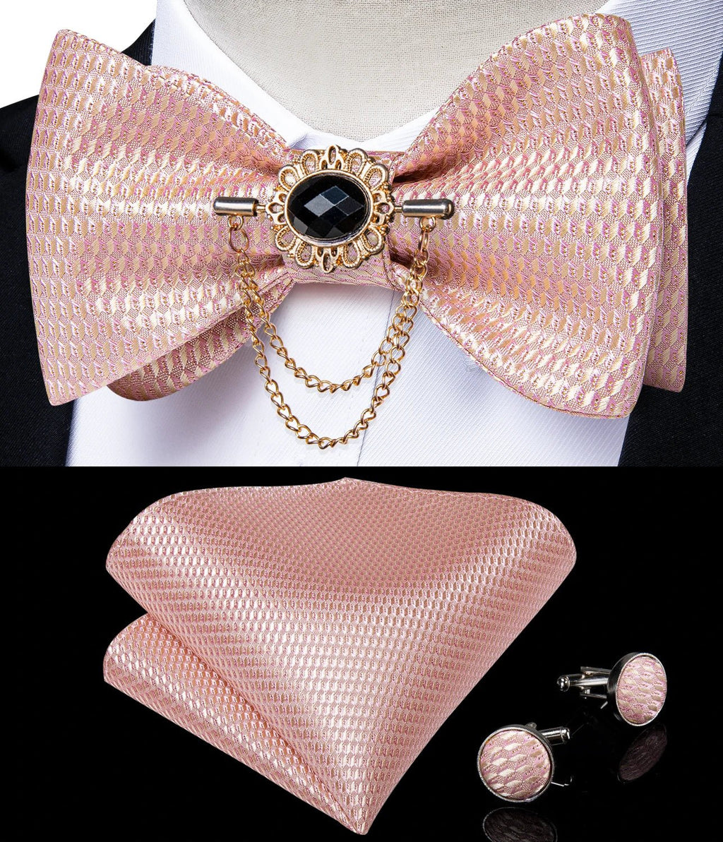 Dibangu Men's Pink Solid Self Tie Bow Tie Pocket Square Cufflinks Brooch Set for Wedding Groom Marriage Business Party Bowties - Luzilly Bridal & Apparel