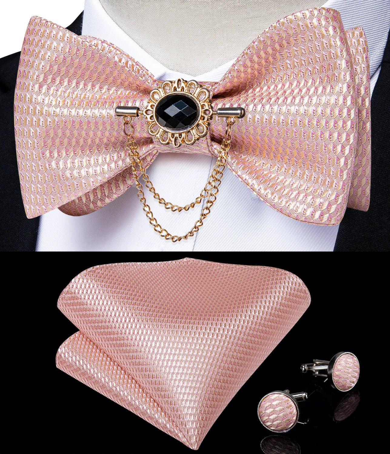 Dibangu Men's Pink Solid Self Tie Bow Tie Pocket Square Cufflinks Brooch Set for Wedding Groom Marriage Business Party Bowties - Luzilly Bridal & Apparel