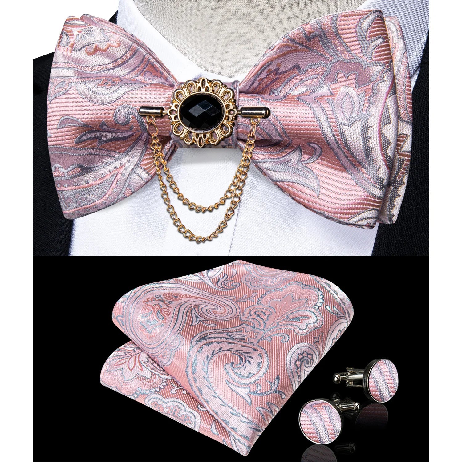 Dibangu Men's Pink Solid Self Tie Bow Tie Pocket Square Cufflinks Brooch Set for Wedding Groom Marriage Business Party Bowties - Luzilly Bridal & Apparel