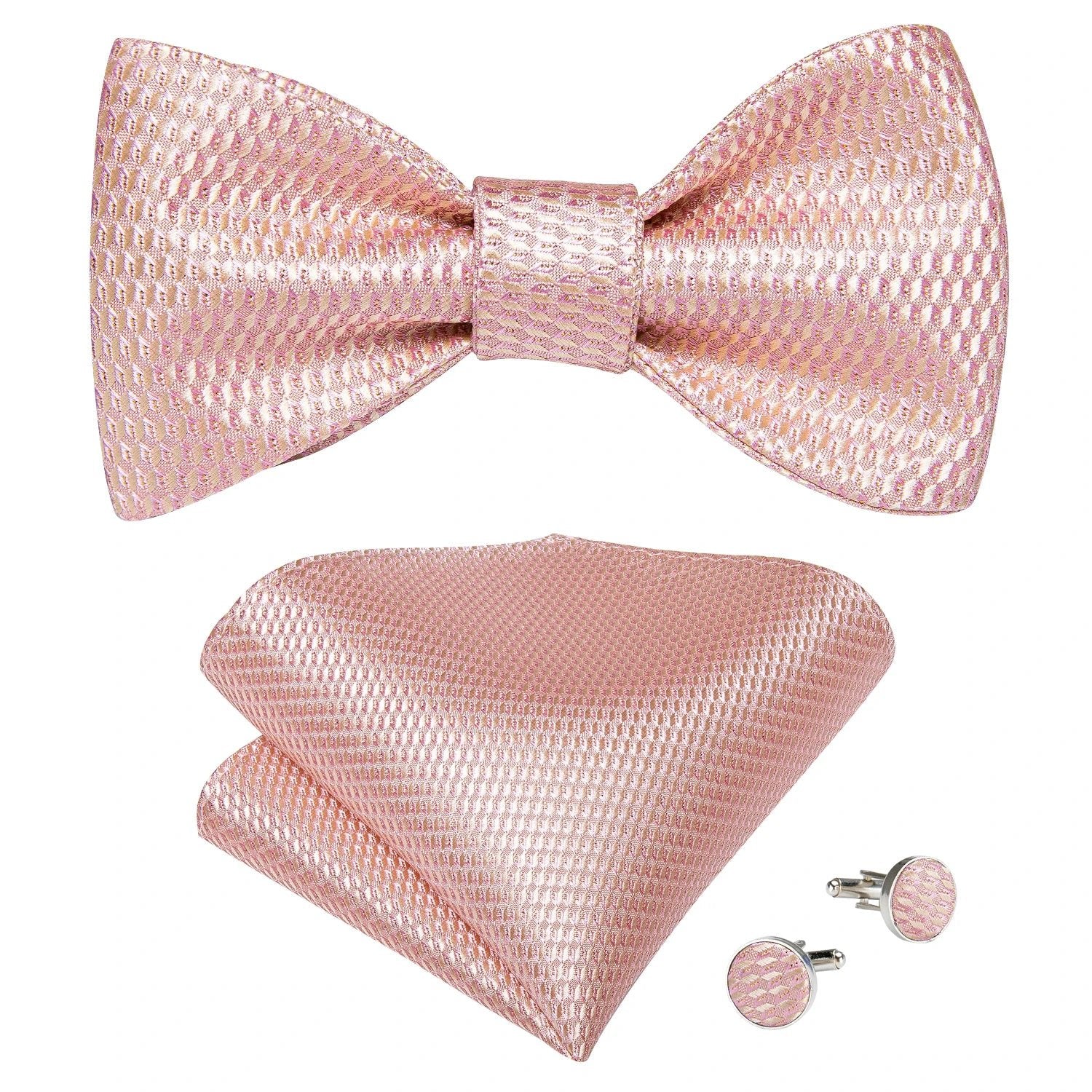 Dibangu Men's Pink Solid Self Tie Bow Tie Pocket Square Cufflinks Brooch Set for Wedding Groom Marriage Business Party Bowties - Luzilly Bridal & Apparel
