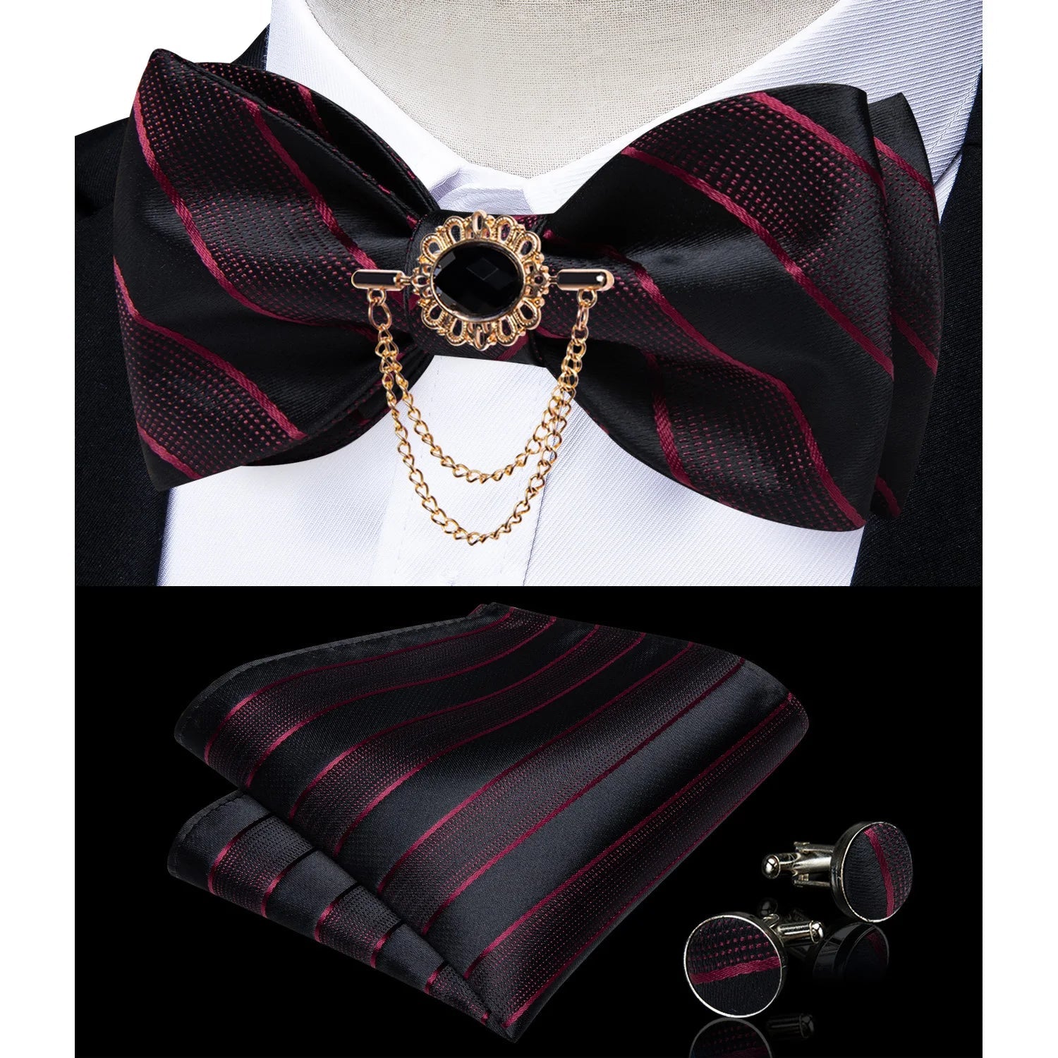 Dibangu Men's Pink Solid Self Tie Bow Tie Pocket Square Cufflinks Brooch Set for Wedding Groom Marriage Business Party Bowties - Luzilly Bridal & Apparel