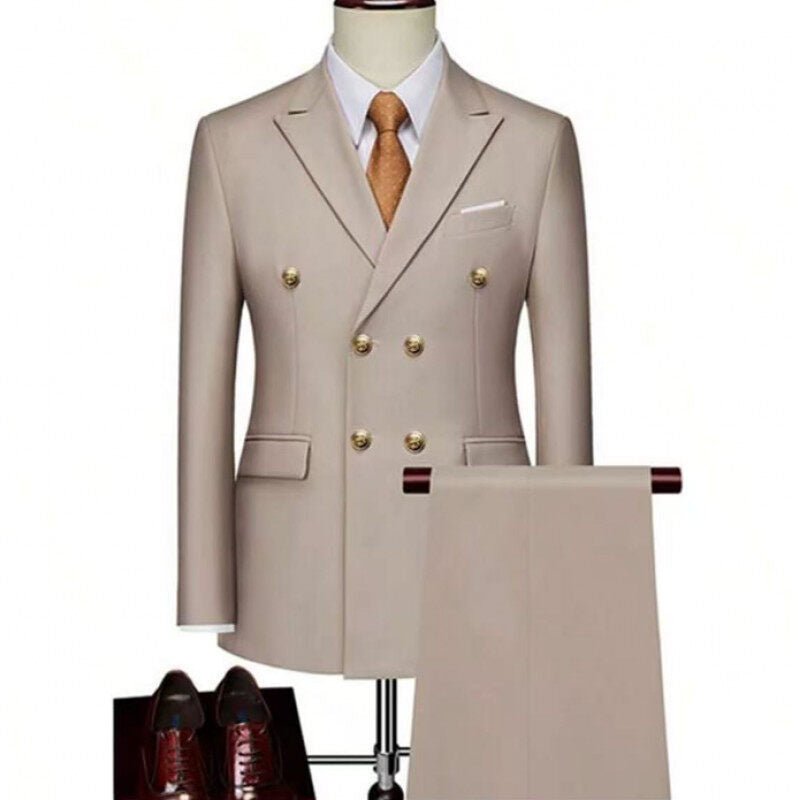 Double-Breasted Gold Button Suit Set for Men, Formal Occasions, Singer Performance, Host, Groom Wedding Photoshoot, Wedding Party - Luzilly Bridal & Apparel