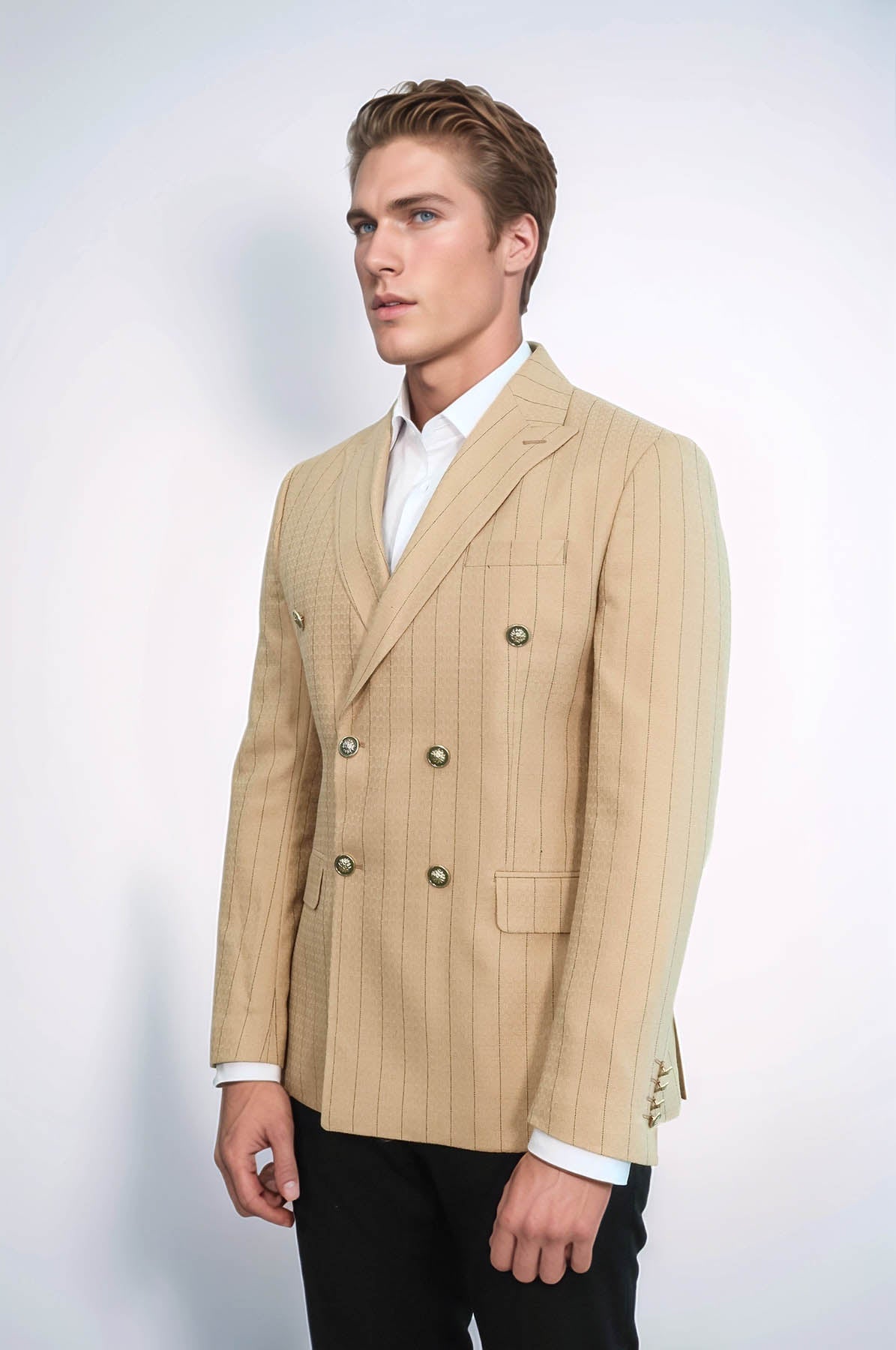 Double Breasted Slim Fit Striped Cream Men Blazer - Wessi - Luzilly Bridal & Apparel