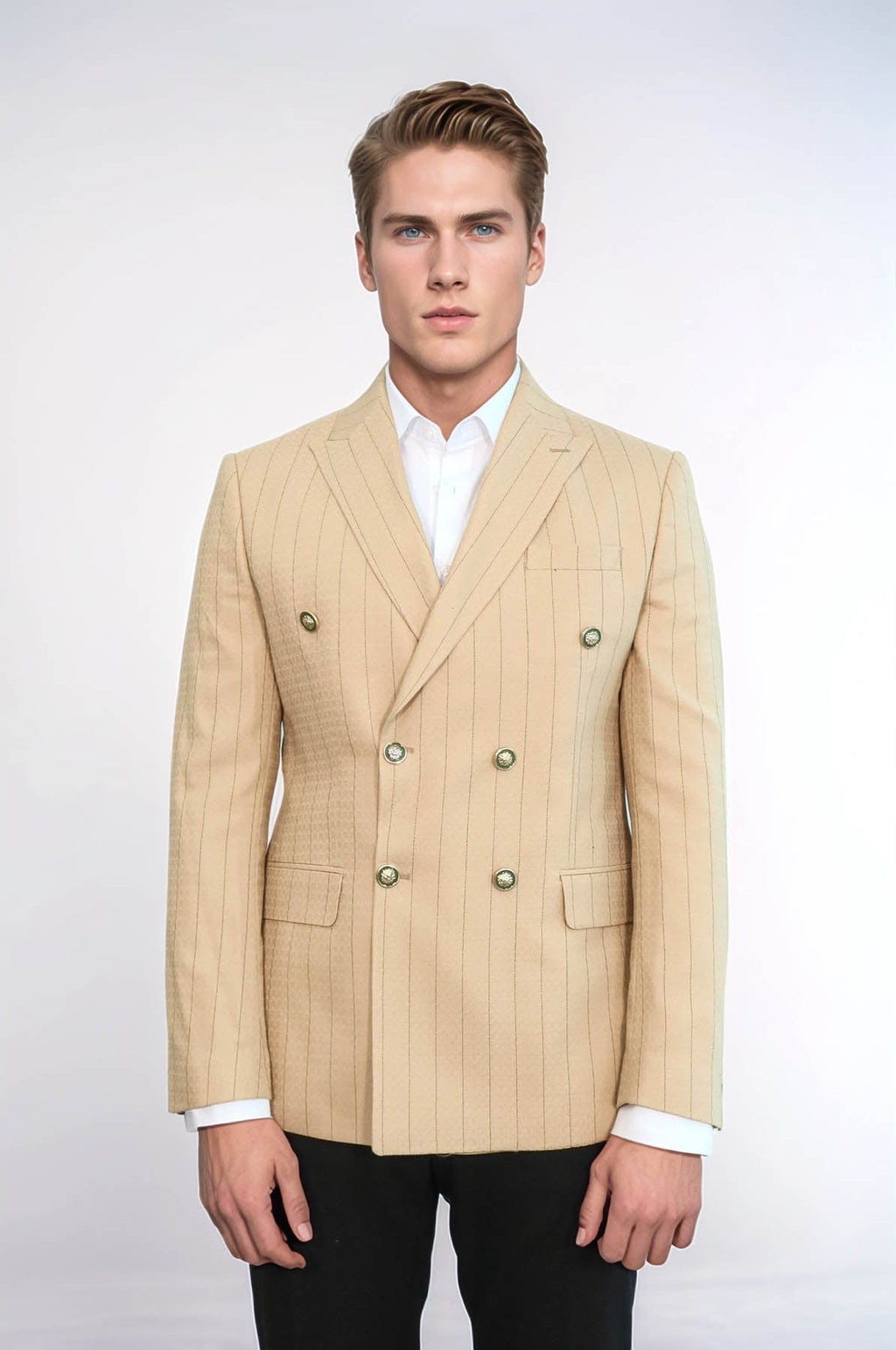 Double Breasted Slim Fit Striped Cream Men Blazer - Wessi - Luzilly Bridal & Apparel