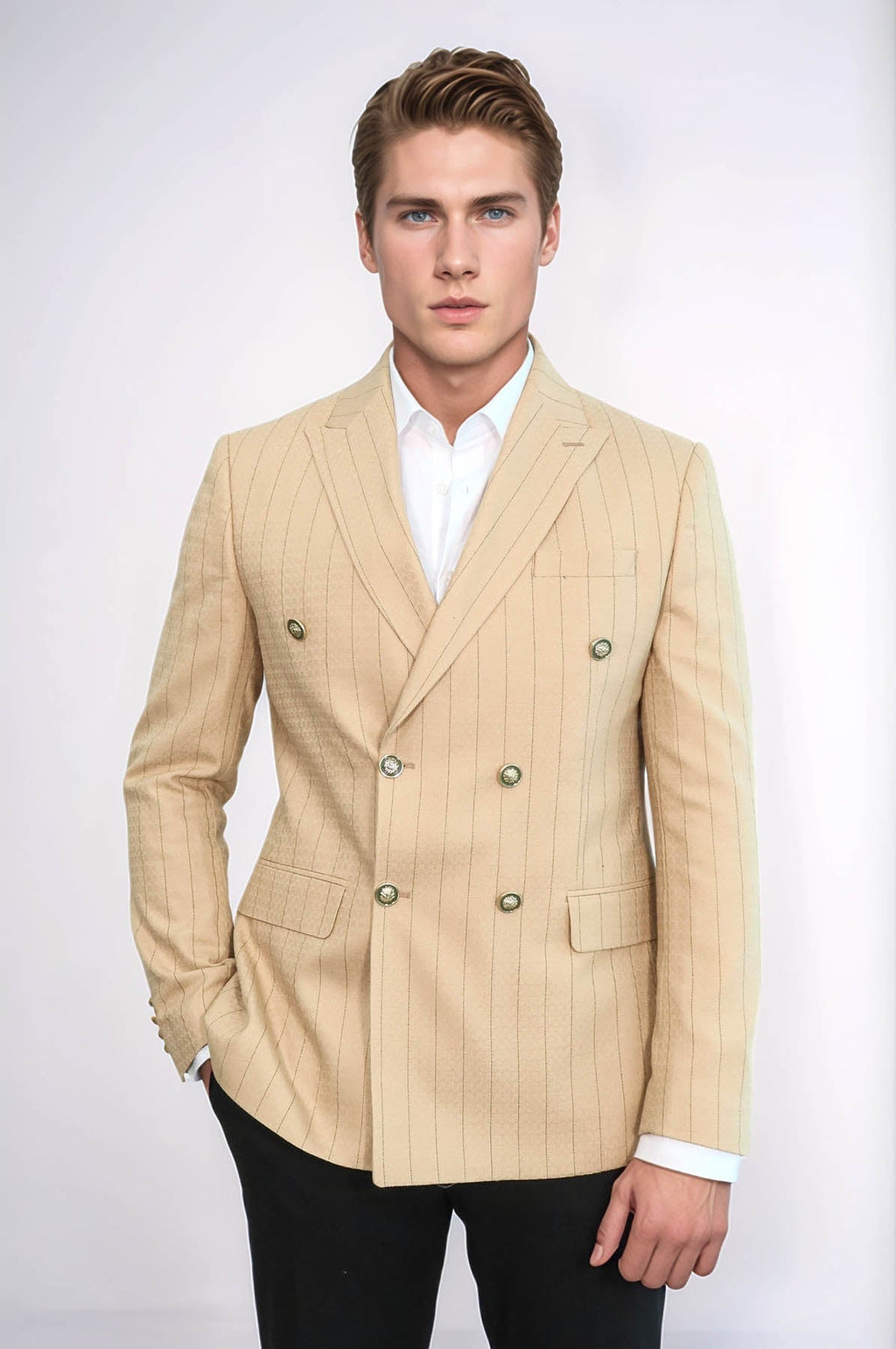 Double Breasted Slim Fit Striped Cream Men Blazer - Wessi - Luzilly Bridal & Apparel