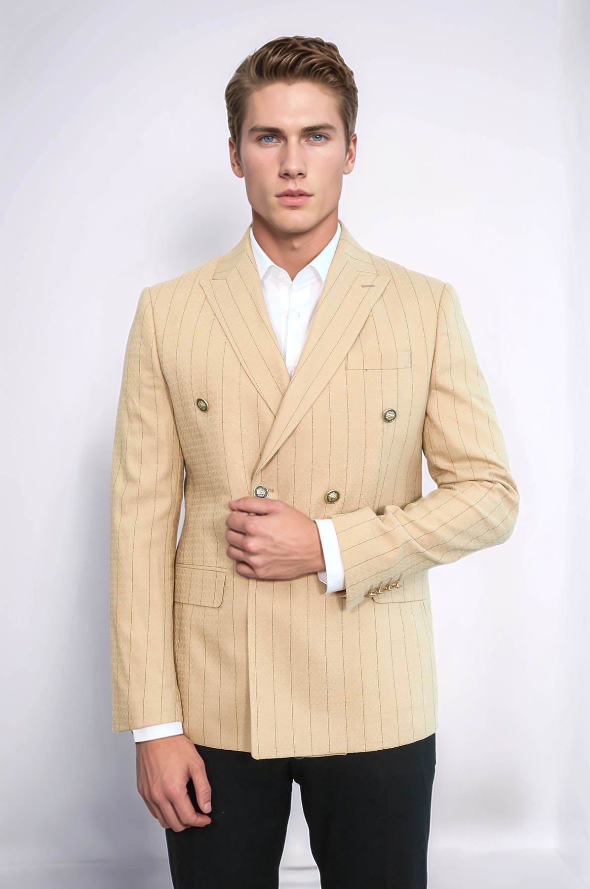 Double Breasted Slim Fit Striped Cream Men Blazer - Wessi - Luzilly Bridal & Apparel