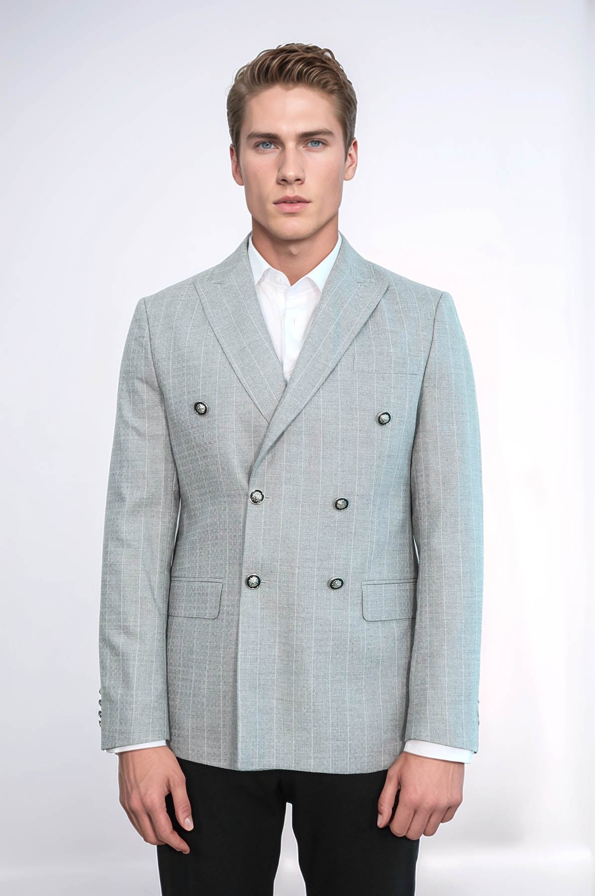 Double Breasted Slim Fit Striped Grey Men Blazer - Wessi - Luzilly Bridal & Apparel