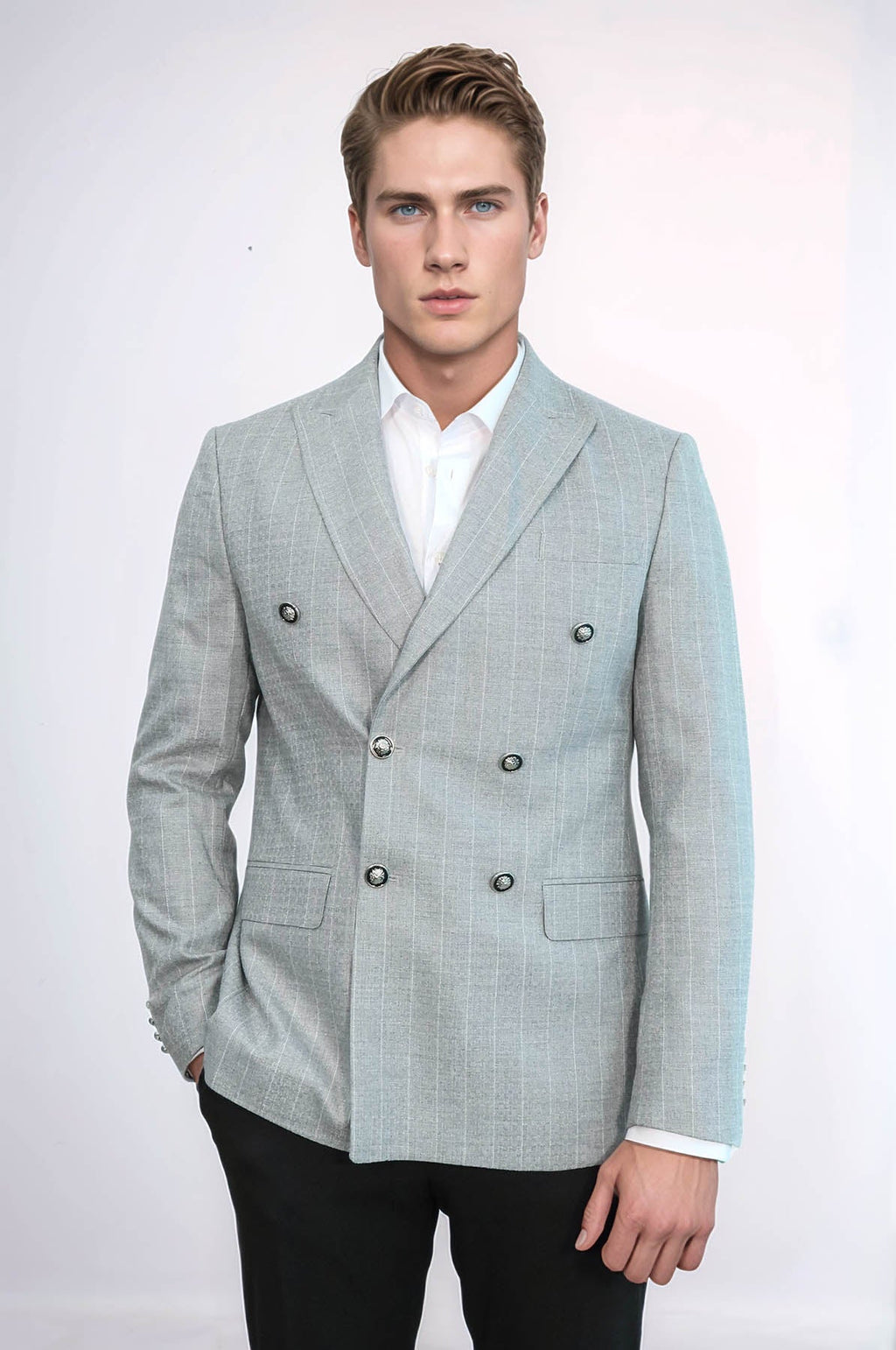 Double Breasted Slim Fit Striped Grey Men Blazer - Wessi - Luzilly Bridal & Apparel