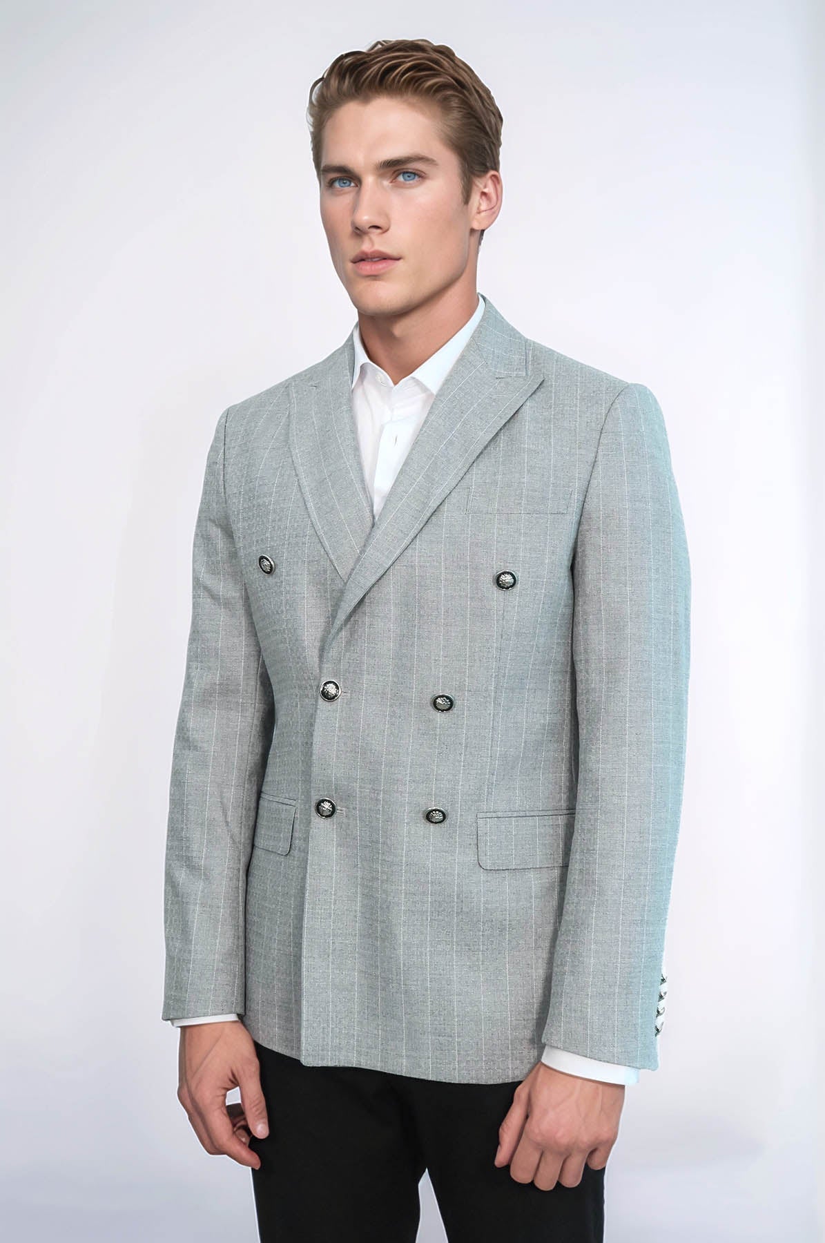 Double Breasted Slim Fit Striped Grey Men Blazer - Wessi - Luzilly Bridal & Apparel