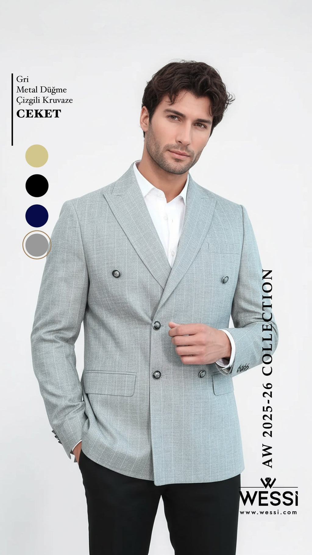 Double Breasted Slim Fit Striped Grey Men Blazer - Wessi - Luzilly Bridal & Apparel