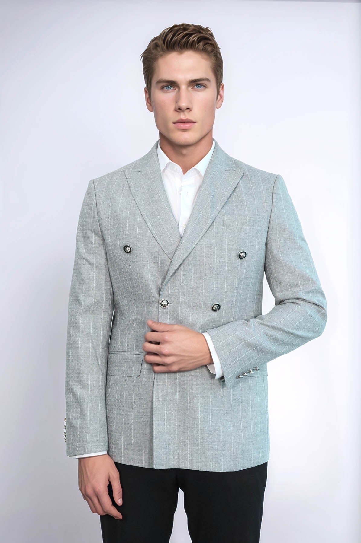 Double Breasted Slim Fit Striped Grey Men Blazer - Wessi - Luzilly Bridal & Apparel