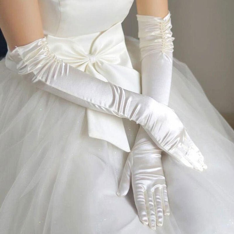 Double-row Beaded Satin Sun Protection Scar Cover Up Oversleeve Bridal Wedding Gloves - Luzilly Bridal & Apparel