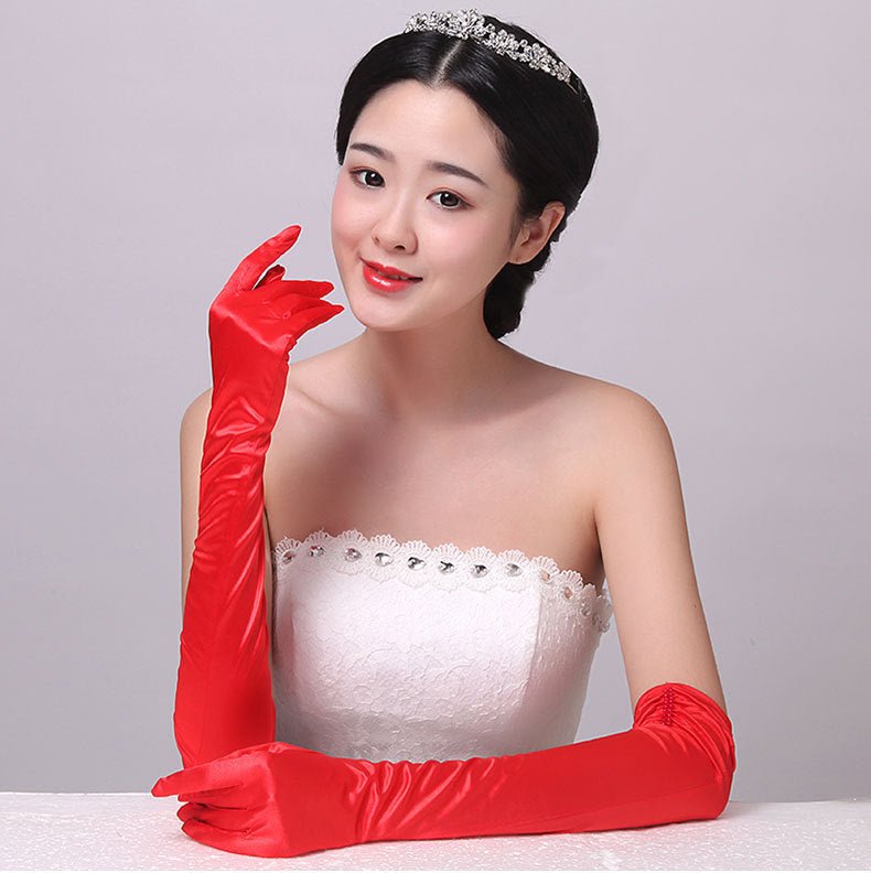 Double-row Beaded Satin Sun Protection Scar Cover Up Oversleeve Bridal Wedding Gloves - Luzilly Bridal & Apparel