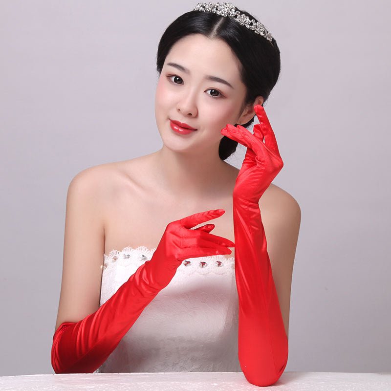 Double-row Beaded Satin Sun Protection Scar Cover Up Oversleeve Bridal Wedding Gloves - Luzilly Bridal & Apparel