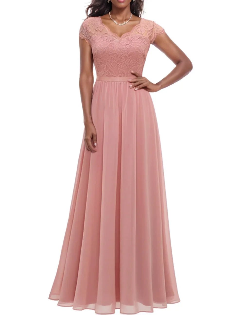Double V-Neck Lace Chiffon Mother of the Bride Dress - Luzilly Bridal & Apparel