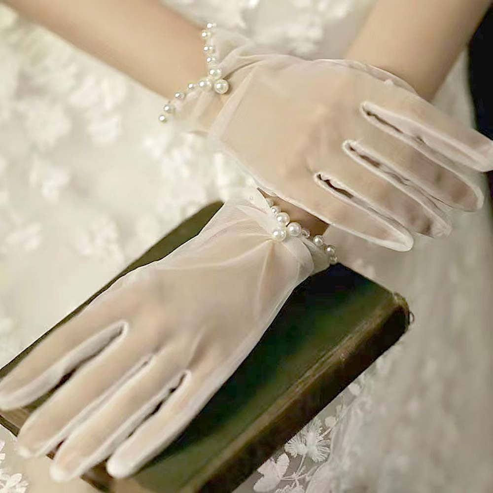 Dressy Pearl Wrist Detail Sheer Gloves - Luzilly Bridal & Apparel