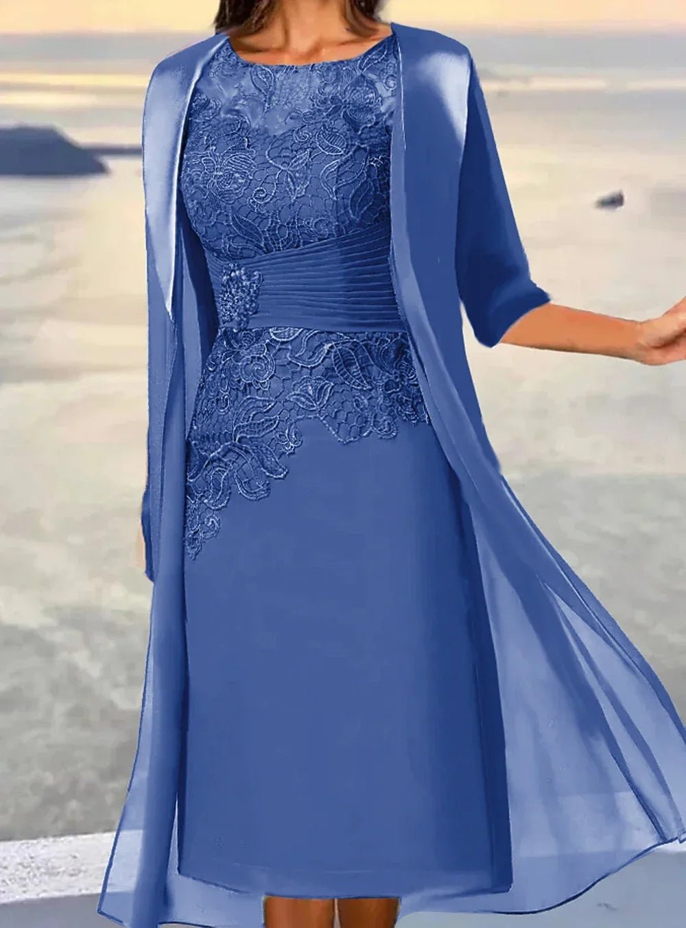 Dusty Blue Crew-Neck Floral Midi Mother of the Bride Dress - Luzilly Bridal & Apparel