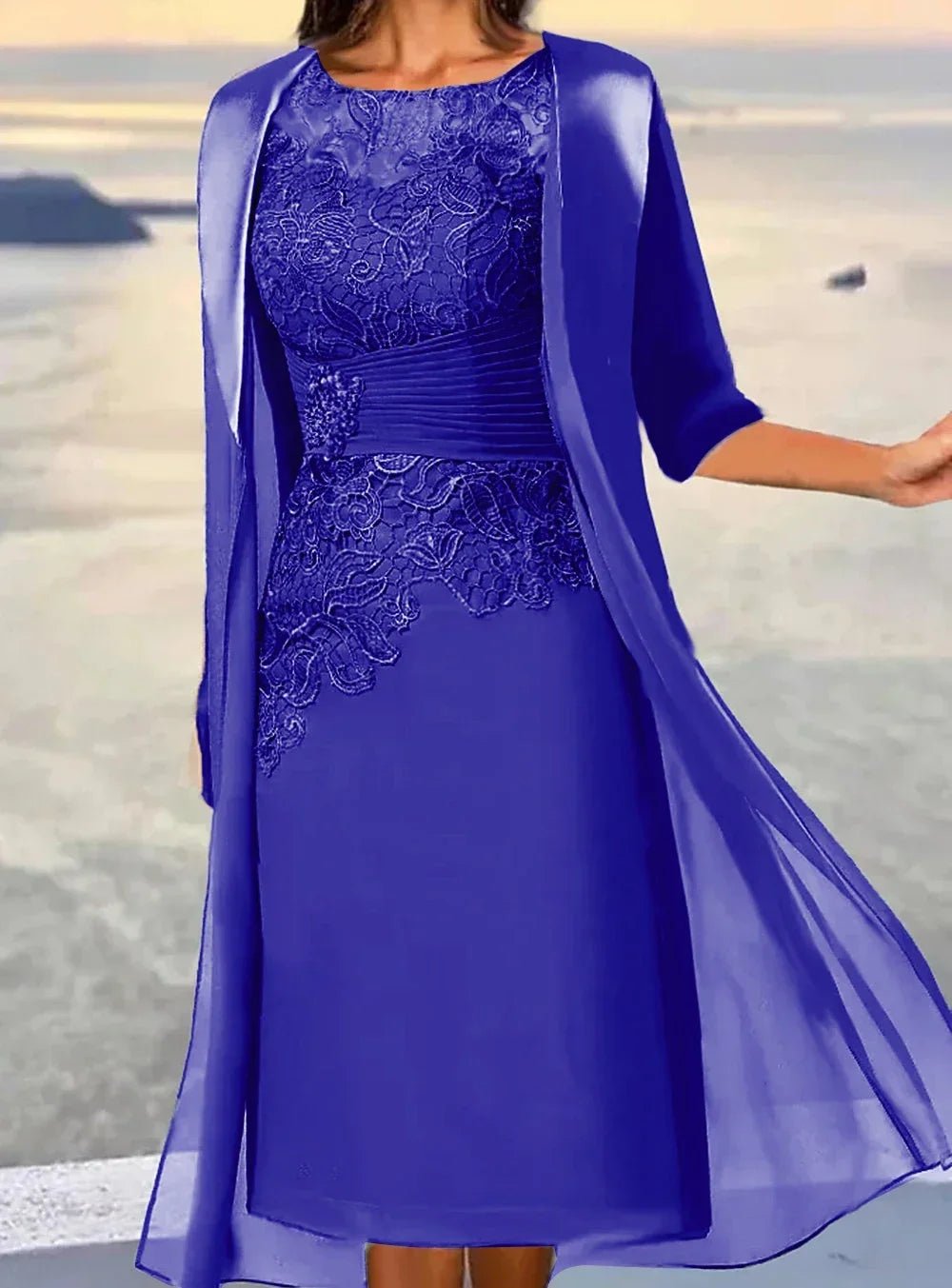 Dusty Blue Crew-Neck Floral Midi Mother of the Bride Dress - Luzilly Bridal & Apparel