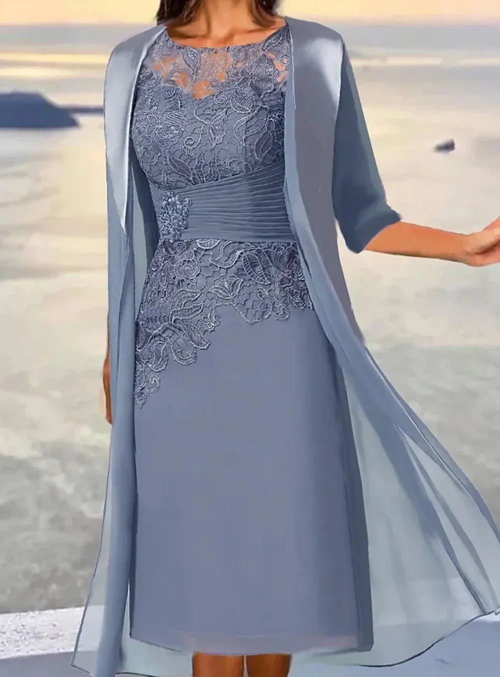 Dusty Blue Crew-Neck Floral Midi Mother of the Bride Dress - Luzilly Bridal & Apparel
