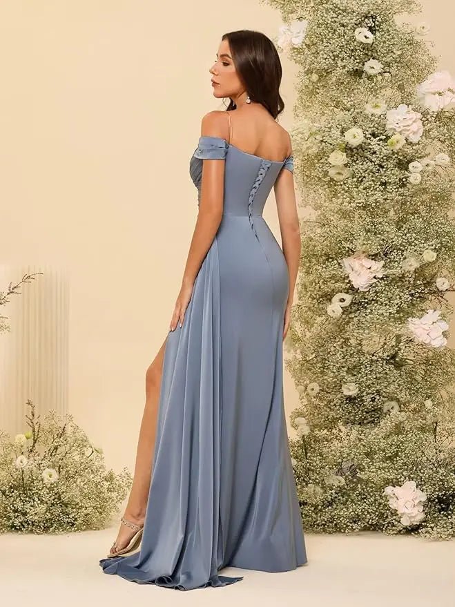 Dusty Blue Off-Shoulder Corset Mermaid Bridesmaid Dress - Luzilly Bridal & Apparel