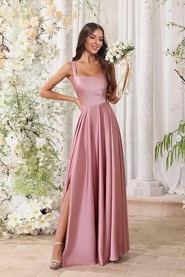 Dusty Pink Corset A-Line Bridesmaid Dress with Side Slit - Luzilly Bridal & Apparel