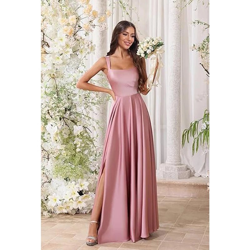 Dusty Pink Corset A-Line Bridesmaid Dress with Side Slit - Luzilly Bridal & Apparel