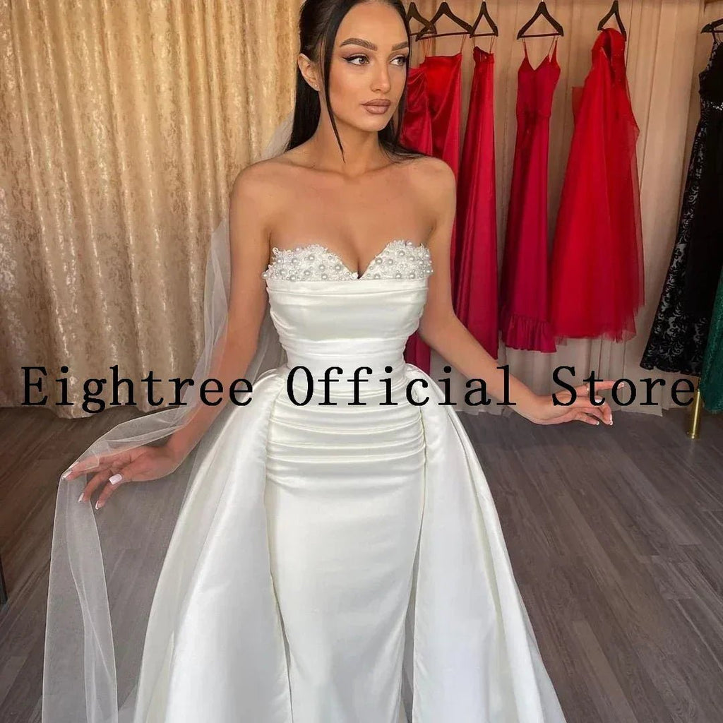 Eightree Sexy White Wedding Dresses Lace Sweetheart Detachable Train Bride Dress Mermaid Satin Wedding Evening Gowns Customized - Luzilly Bridal & Apparel