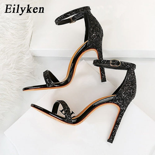Eilyken Silver Champagne Sexy High heels Women Sandals Buckle Strap Gladiator Women Sandals Stiletto Wedding Rhine Stone - Luzilly Bridal & Apparel