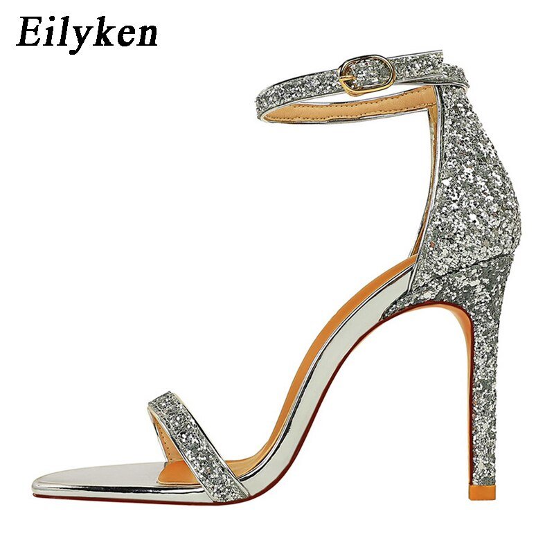 Eilyken Silver Champagne Sexy High heels Women Sandals Buckle Strap Gladiator Women Sandals Stiletto Wedding Rhine Stone - Luzilly Bridal & Apparel