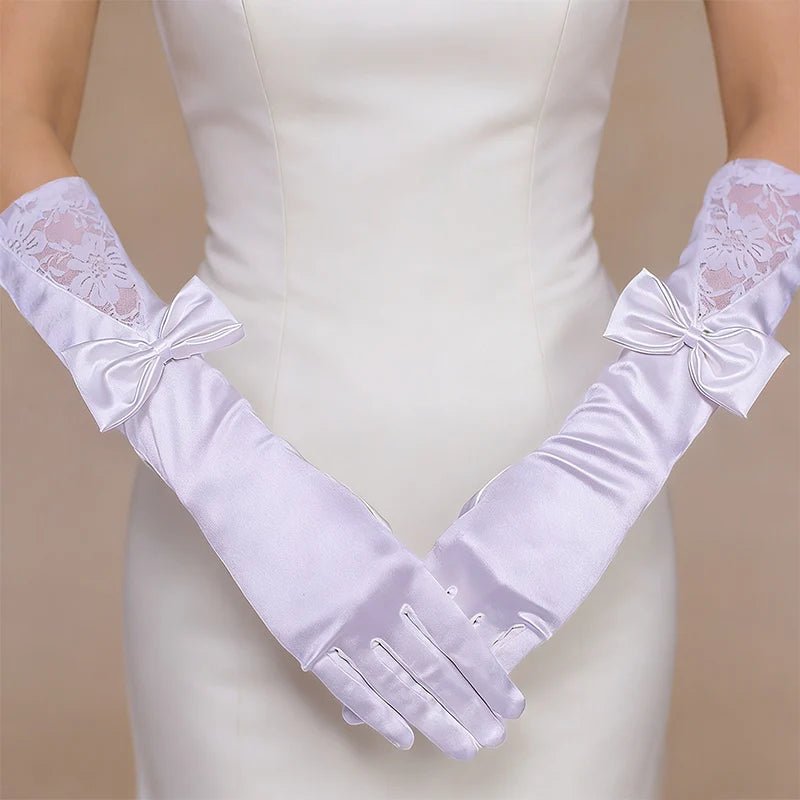 Elbow-Length Satin Bridal Gloves with Bow - Luzilly Bridal & Apparel
