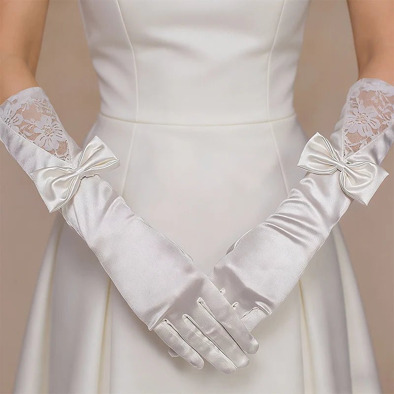 Elbow-Length Satin Bridal Gloves with Bow - Luzilly Bridal & Apparel