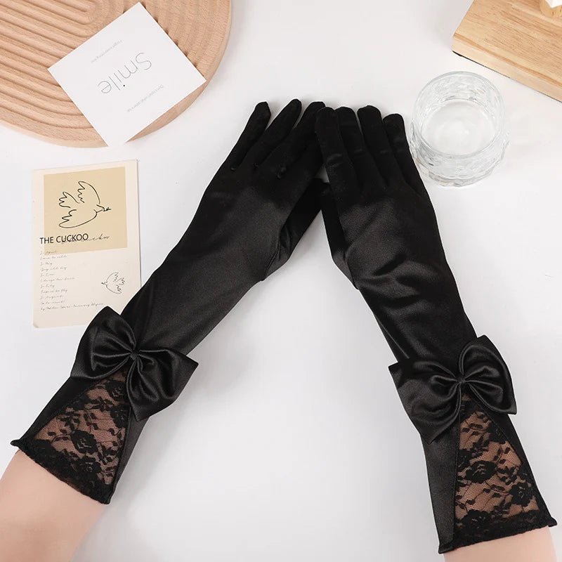 Elbow-Length Satin Bridal Gloves with Bow - Luzilly Bridal & Apparel