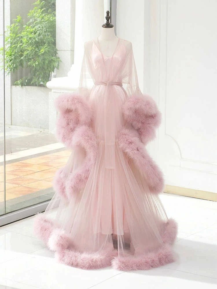 Elegant 1-Layer Thick Turkey Feather Fringe Hem Long Tulle Robe with Nightgown - Luzilly Bridal & Apparel